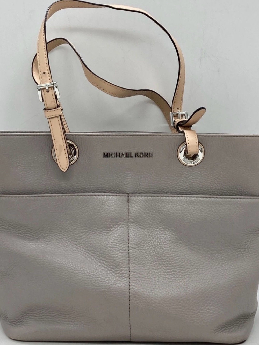 Michael Kors gray pebbled leather Tote with Beige Straps